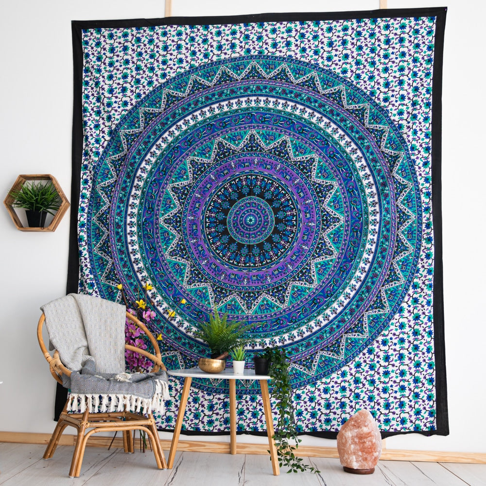 Authentiek Mandala Wandkleed Katoen Blauw/Paars met Bloemen (240 x 210 cm)
