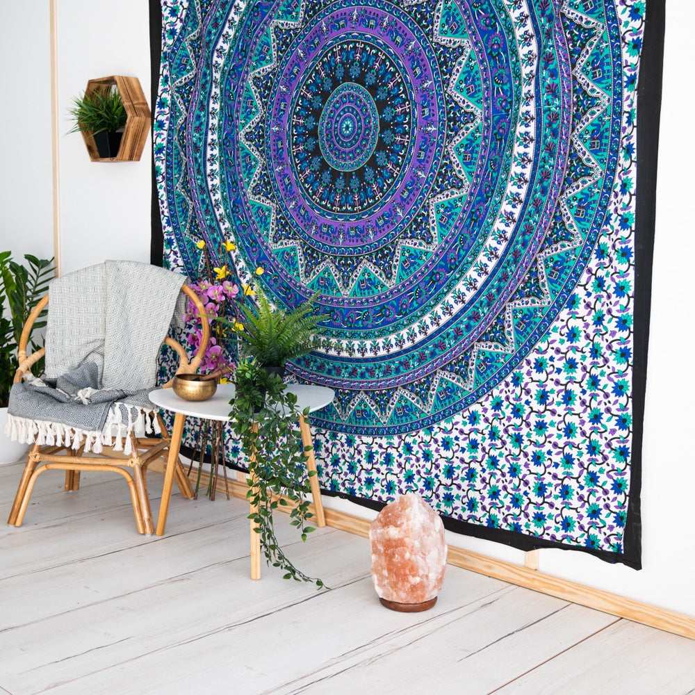 Authentiek Mandala Wandkleed Katoen Blauw/Paars met Bloemen (240 x 210 cm)