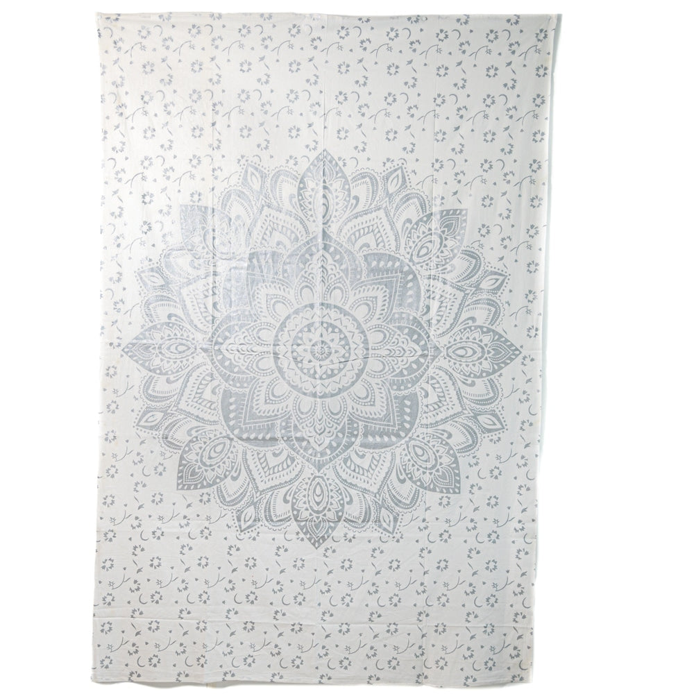 Authentiek Mandala Wandkleed Katoen Zilverkleurig/ Wit (215 x 135 cm)