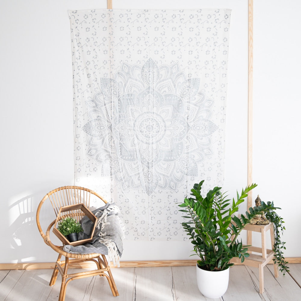 Authentiek Mandala Wandkleed Katoen Zilverkleurig/ Wit (215 x 135 cm)