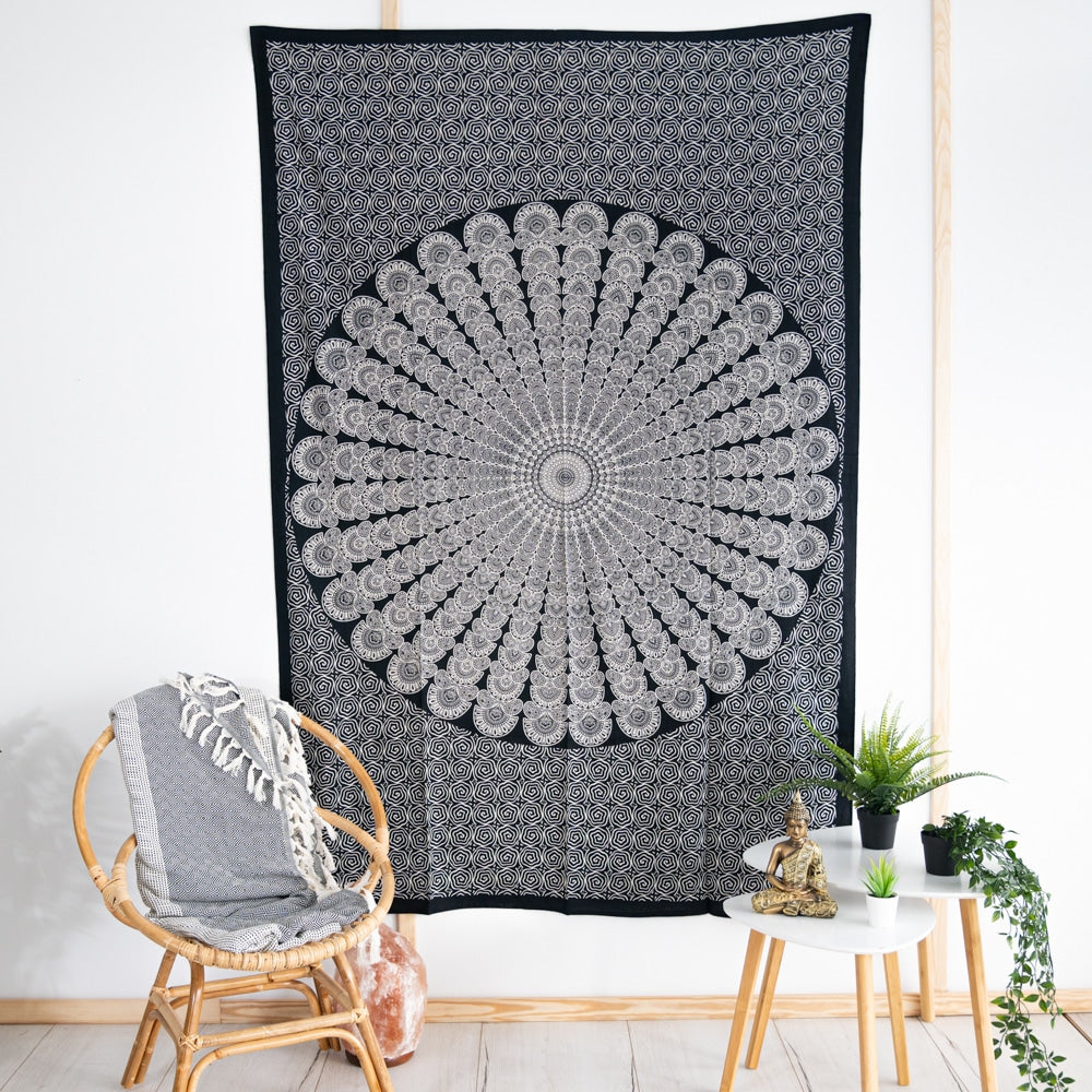 Authentiek Mandala Wandkleed Katoen Zwart/ Wit (215 x 135 cm)