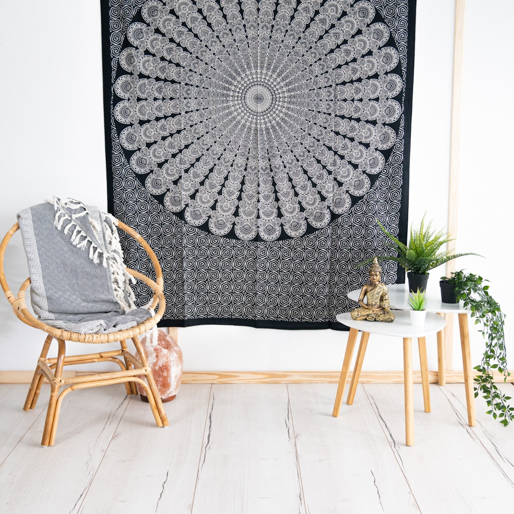 Authentiek Mandala Wandkleed Katoen Zwart/ Wit (215 x 135 cm)
