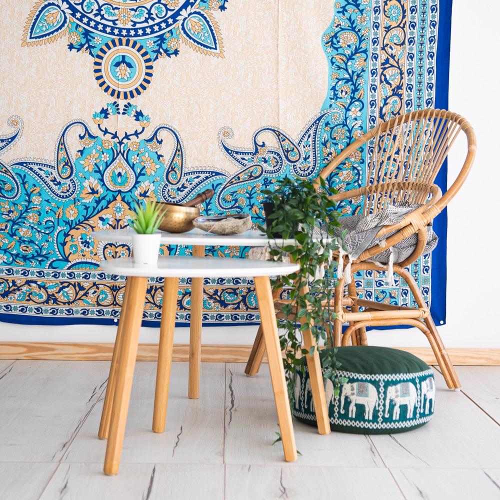 Authentiek Wandkleed Katoen Blauw Bloemen Mandala (240 x 210 cm)