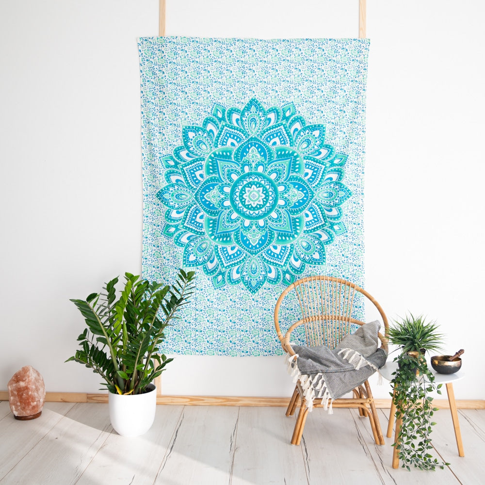 Authentiek Wandkleed Katoen met Blauwe Mandala (215 x 135 cm)