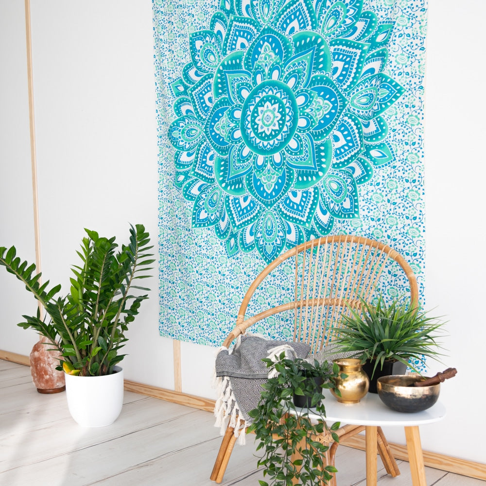 Authentiek Wandkleed Katoen met Blauwe Mandala (215 x 135 cm)