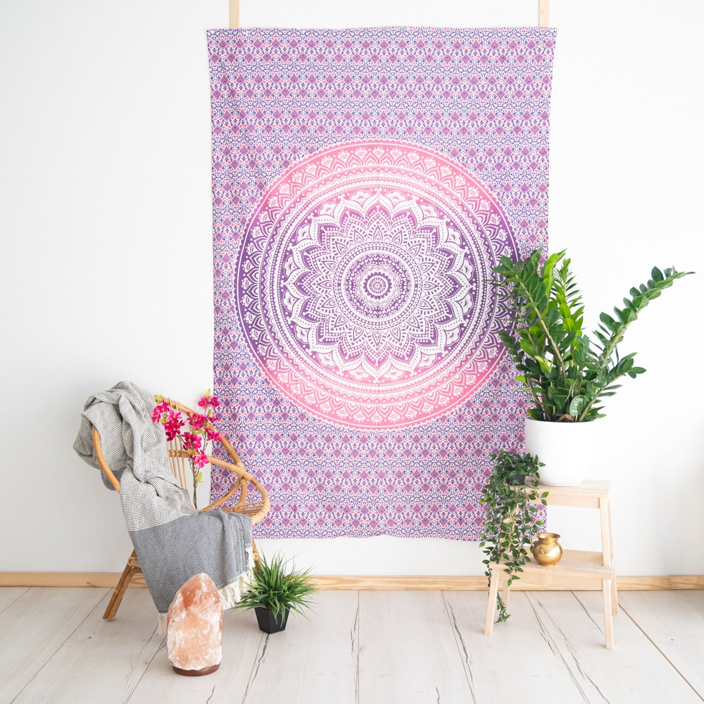 Authentiek Wandkleed Katoen met Mandala Paars Roze (215 x 135 cm)