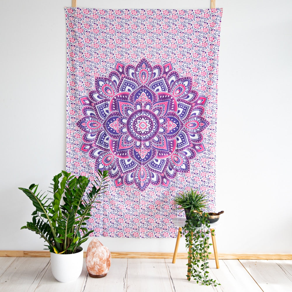 Authentiek Wandkleed Katoen met Paarse Mandala en Bloemen (215 x 135 cm)