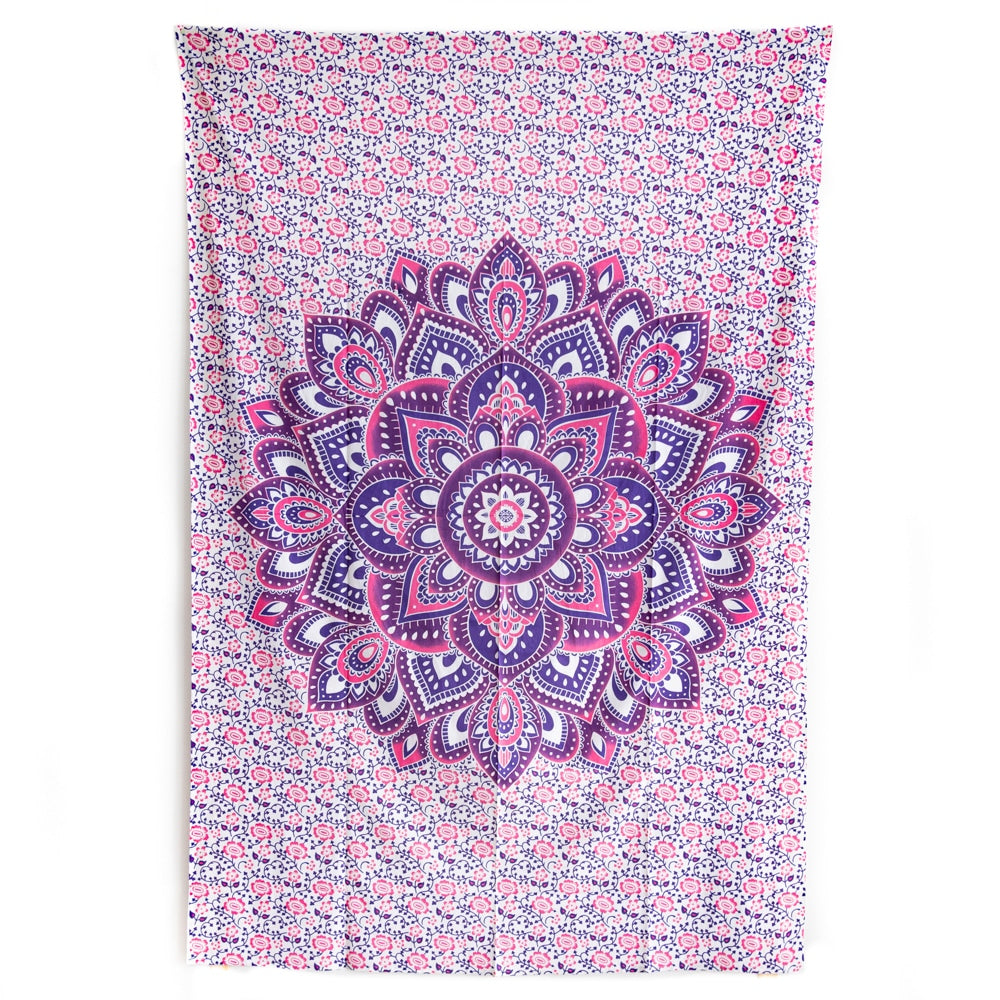Authentiek Wandkleed Katoen met Paarse Mandala en Bloemen (215 x 135 cm)