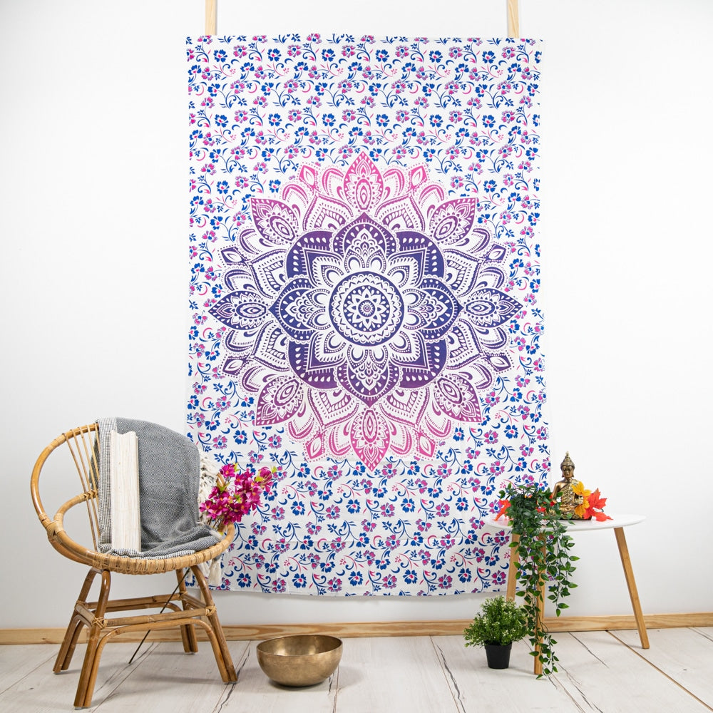 Authentiek Wandkleed Katoen met Roze / Blauw Mandala (215 x 135 cm)