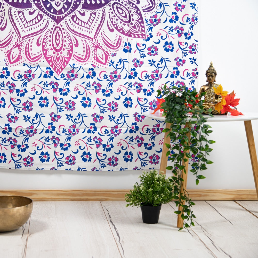 Authentiek Wandkleed Katoen met Roze / Blauw Mandala (215 x 135 cm)