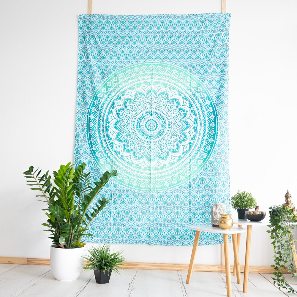 Authentiek Wandkleed Mandala Katoen Groen/ Blauw (215 x 135 cm)