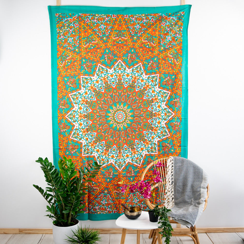 Authentiek Wandkleed Mandala Katoen Oranje/ Blauw (215 x 135 cm)