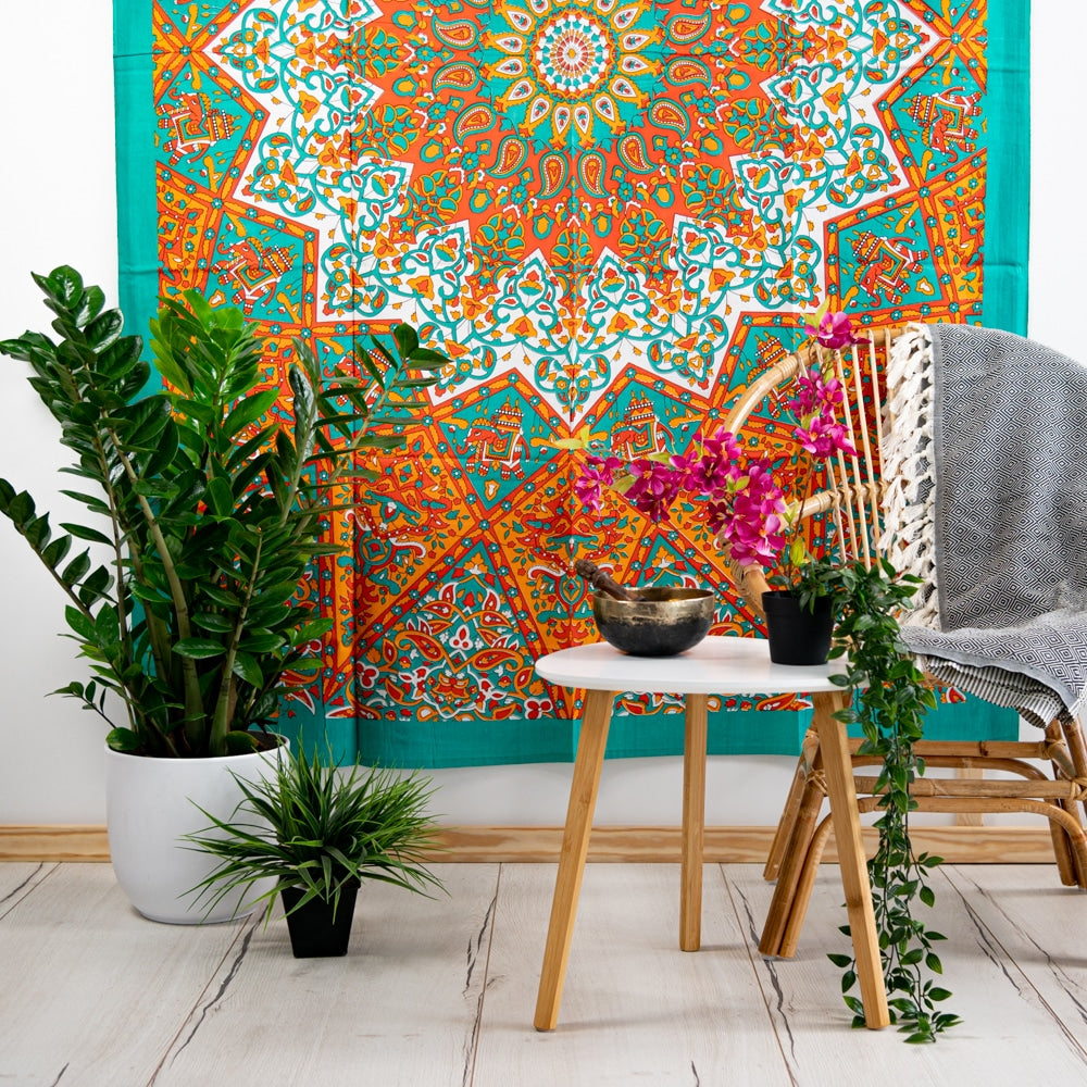 Authentiek Wandkleed Mandala Katoen Oranje/ Blauw (215 x 135 cm)