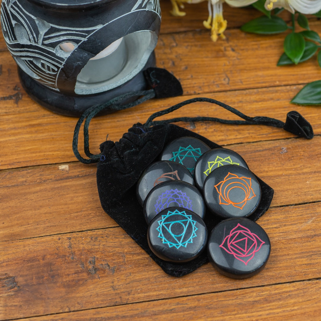Chakra Edelstenen Zwarte Agaat in Buidel – set van 7