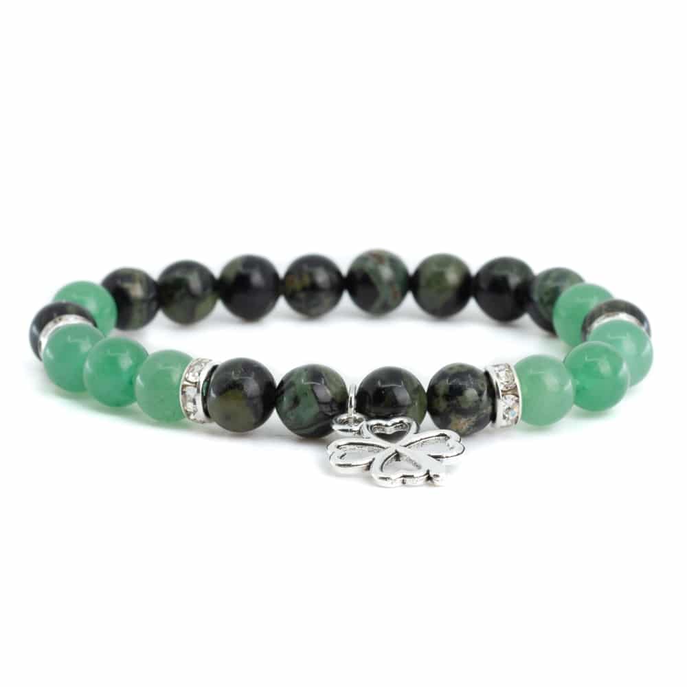 Edelsteen Armband Aventurijn/ Kambaba Jaspis met Klavertje Vier