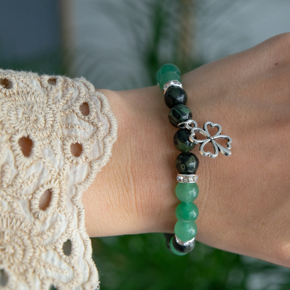 Edelsteen Armband Aventurijn/ Kambaba Jaspis met Klavertje Vier