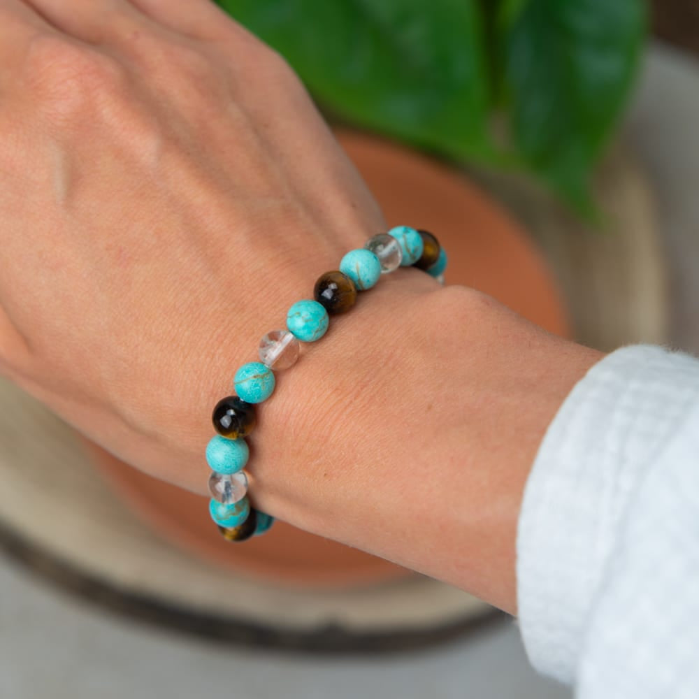 Edelsteen Armband Turkoois/Bergkristal/Tijgeroog – 8 mm