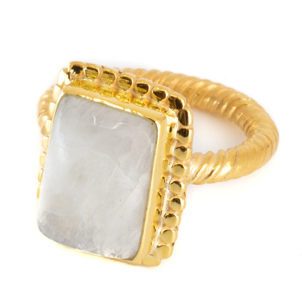 Edelsteen Ring Regenboog Maansteen 925 Zilver & Verguld “Kasasha” (Maat 17)