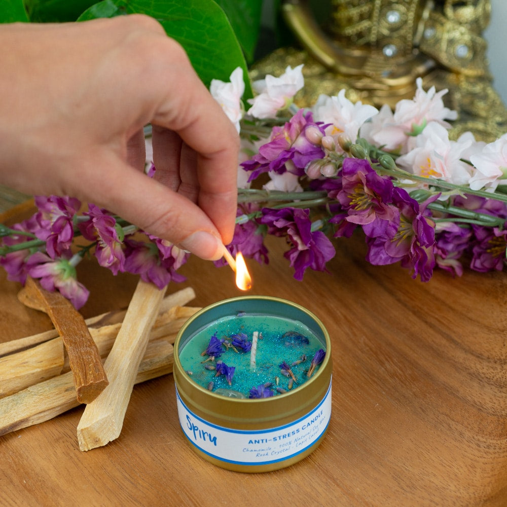 Edelsteen Spell Geurkaars – Lapis Lazuli & Bergkristal – Anti-Stress & Ontspanning