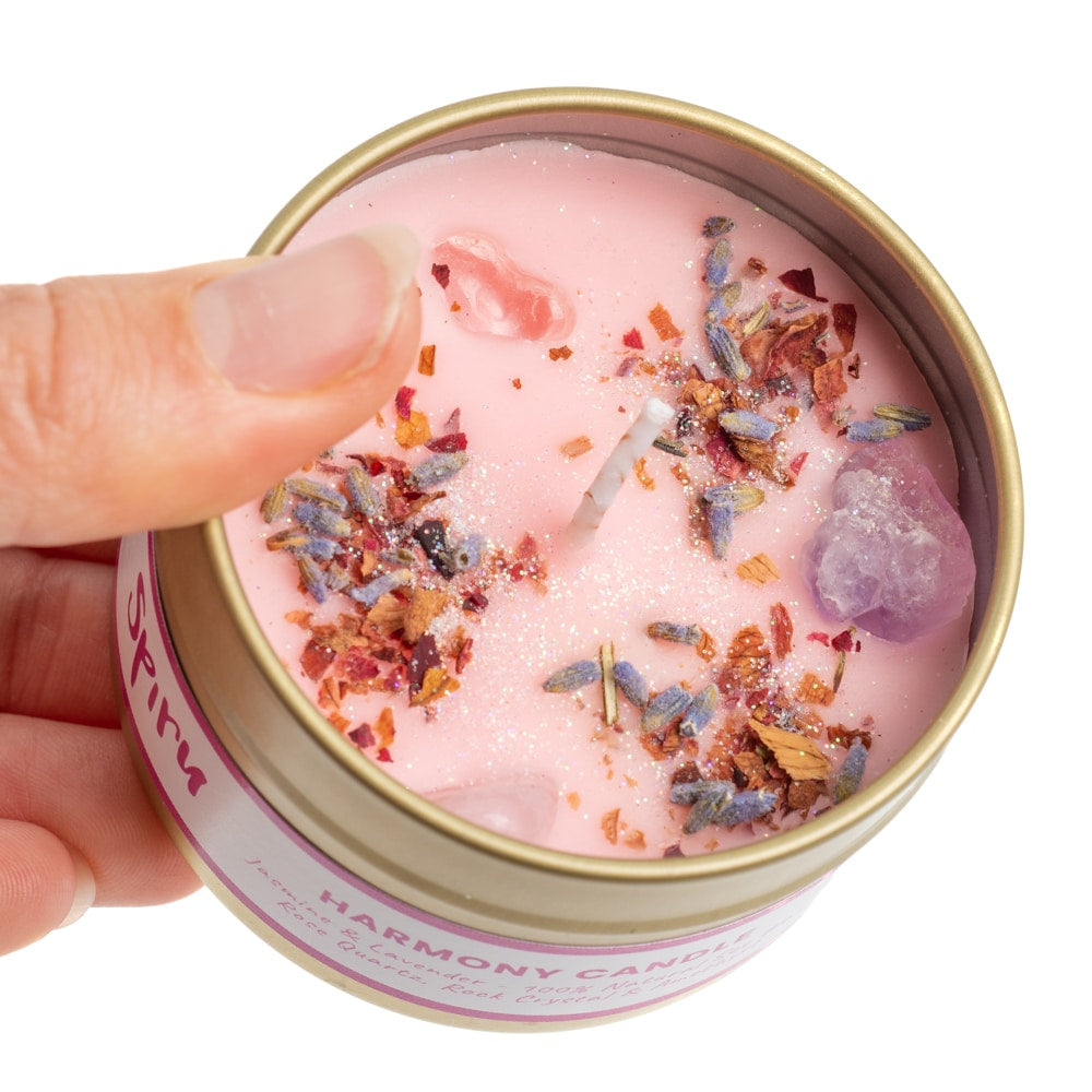 Edelsteen Spell Geurkaars – Rozenkwarts Bergkristal Amethist – Gouden Driehoek – Harmonie & Balans