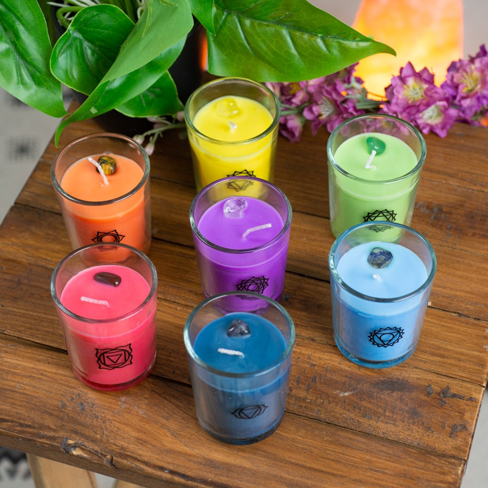 Luxe Cadeau Set – 7 Chakra Edelsteen Geurkaarsen in Glas