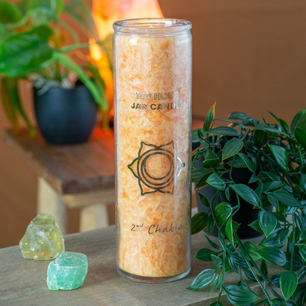 Fair Trade Sacraal Chakra (2e) Stearine Kaars in Glas – Oranje (100 Branduren)