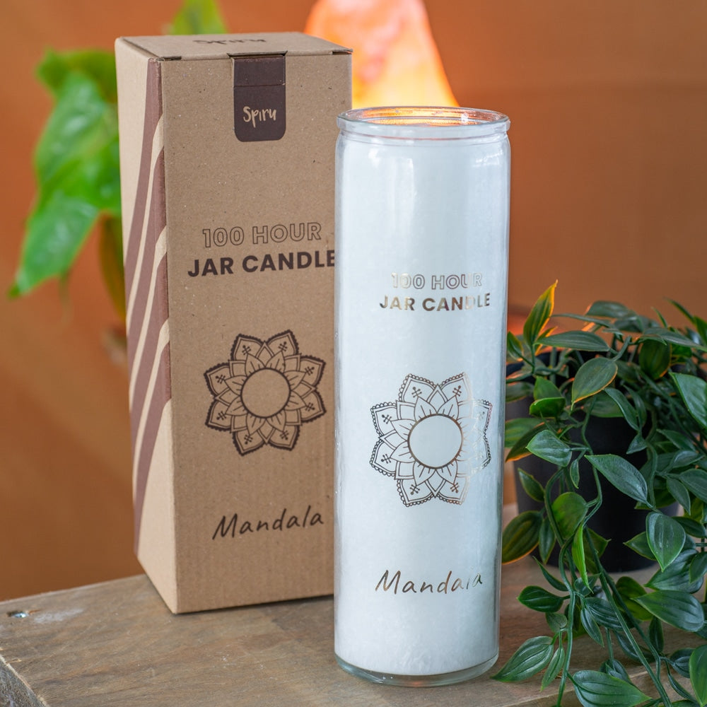 Fair Trade Mandala Stearine Kaars in Glas – Wit (100 Branduren)