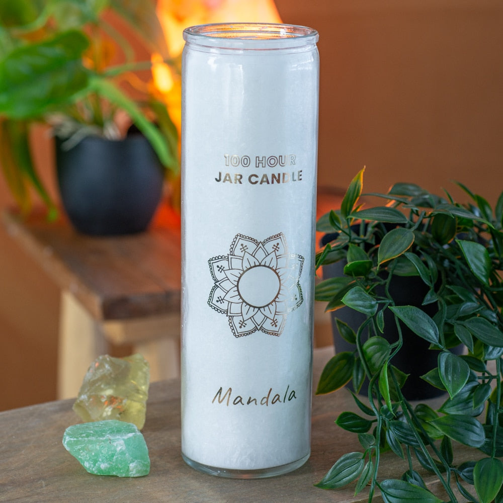Fair Trade Mandala Stearine Kaars in Glas – Wit (100 Branduren)