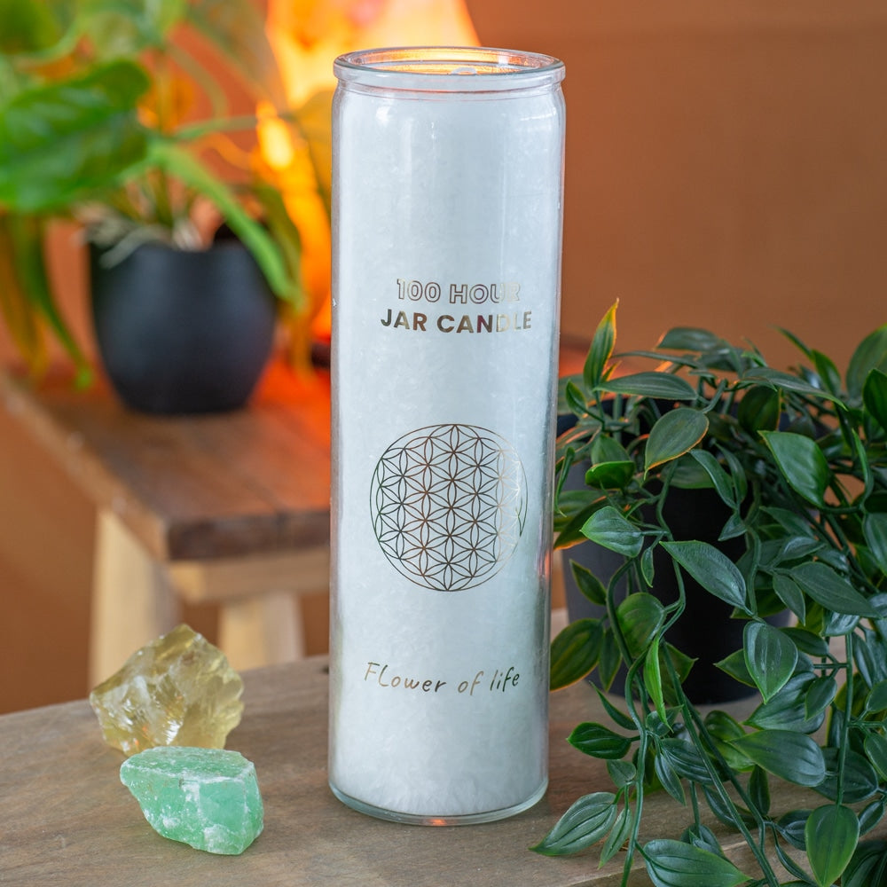 Fair Trade Flower of Life Stearine Kaars in Glas – Wit (100 Branduren)