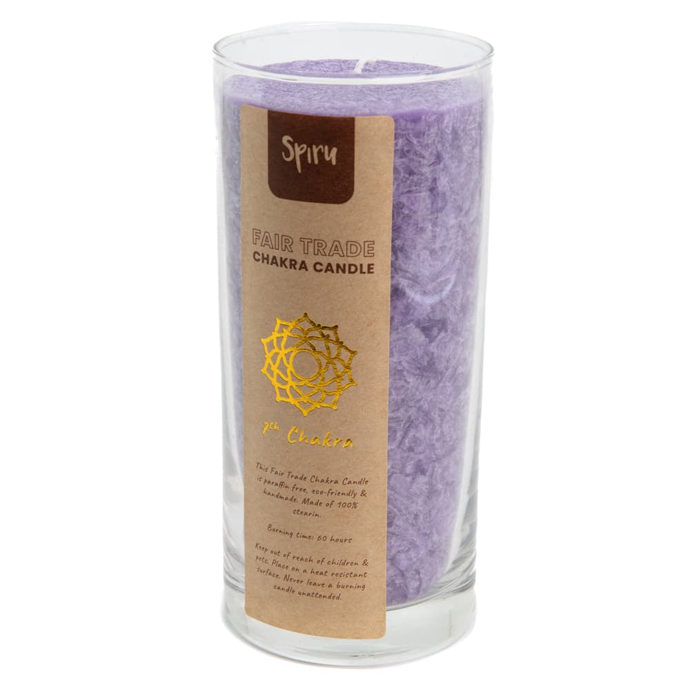 Fair Trade Kruin Chakra (7e) Stearine Kaars in Glas – paars (60 Branduren)