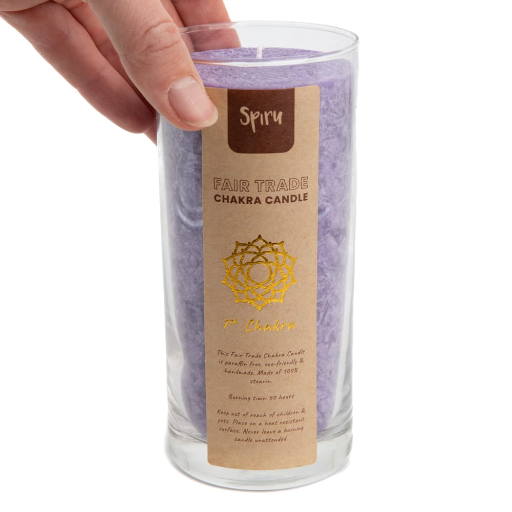 Fair Trade Kruin Chakra (7e) Stearine Kaars in Glas – paars (60 Branduren)