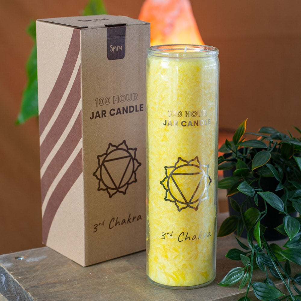 Fair Trade Zonnevlecht Chakra (3e) Stearine Kaars in Glas – Geel (100 Branduren)
