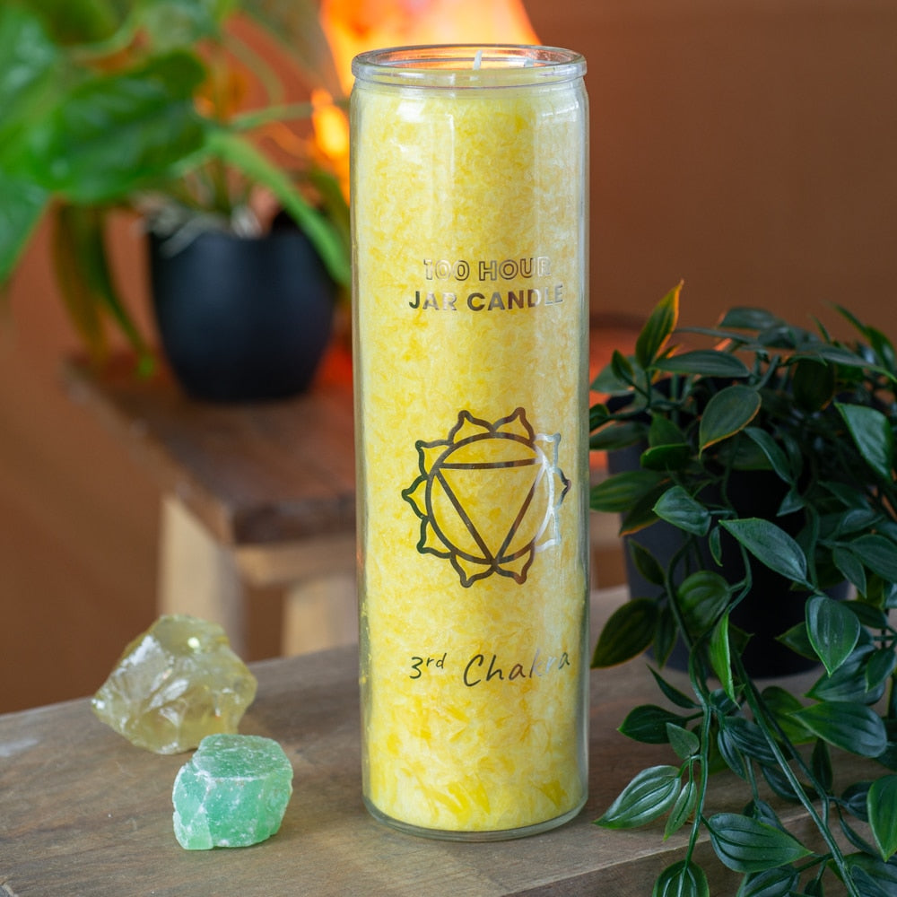 Fair Trade Zonnevlecht Chakra (3e) Stearine Kaars in Glas – Geel (100 Branduren)
