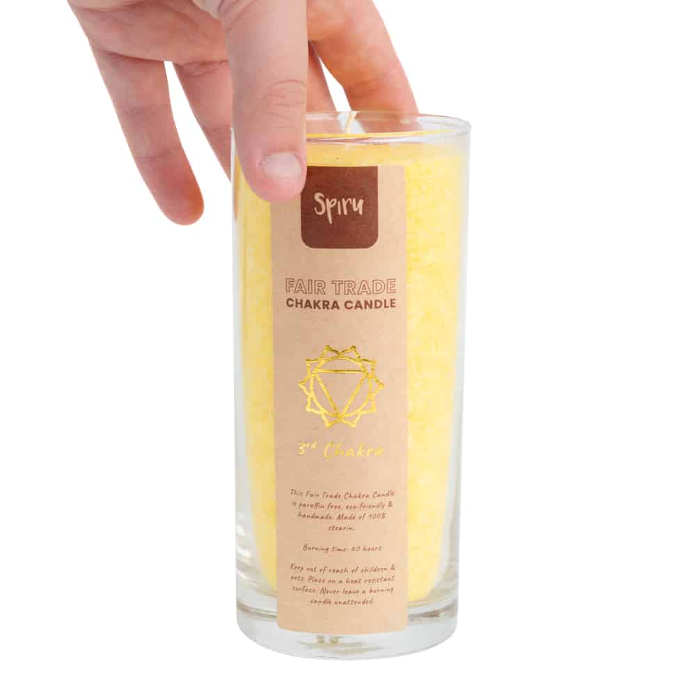 Fair Trade Zonnevlecht Chakra (3e) Stearine Kaars in Glas – Geel (60 Branduren)