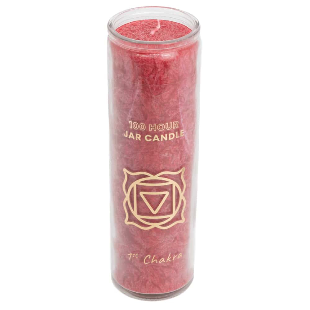 Fair Trade Wortel Chakra (1e) Stearine Kaars in Glas – Rood (100 Branduren)