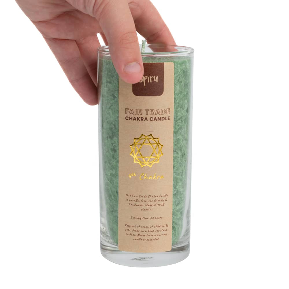 Fair Trade Hart Chakra (4e) Stearine Kaars in Glas – Groen (60 Branduren)