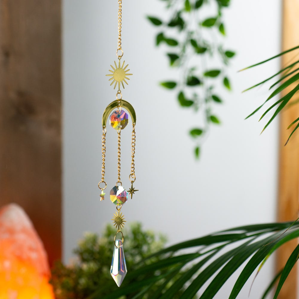 Feng Shui Regenboog Hanger Meerdere Kristallen Zon en Maan Goudkleurig (32 cm)