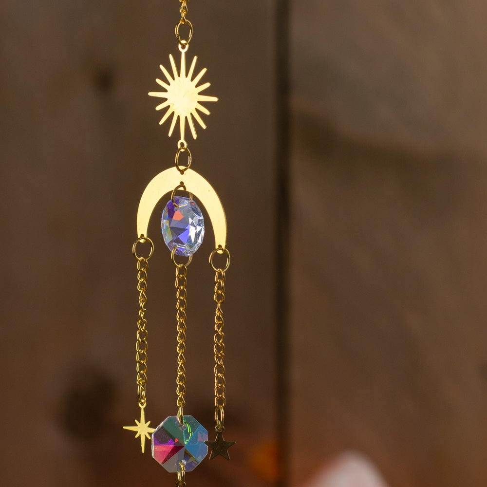 Feng Shui Regenboog Hanger Meerdere Kristallen Zon en Maan Goudkleurig (32 cm)