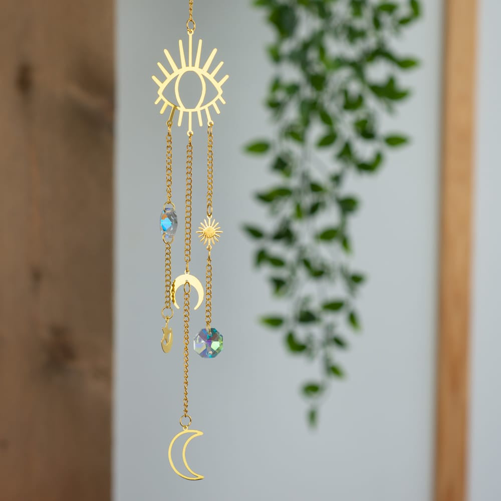 Feng Shui Regenboog Hanger Alziend Oog Zon en Maan Goudkleurig (26 cm)