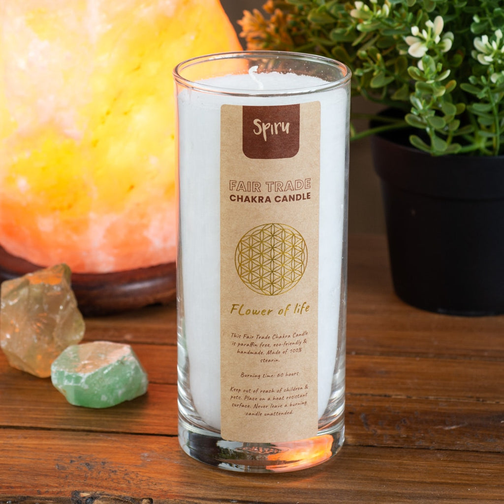 Fair Trade Flower of Life Stearine Kaars – Wit (60 Branduren)