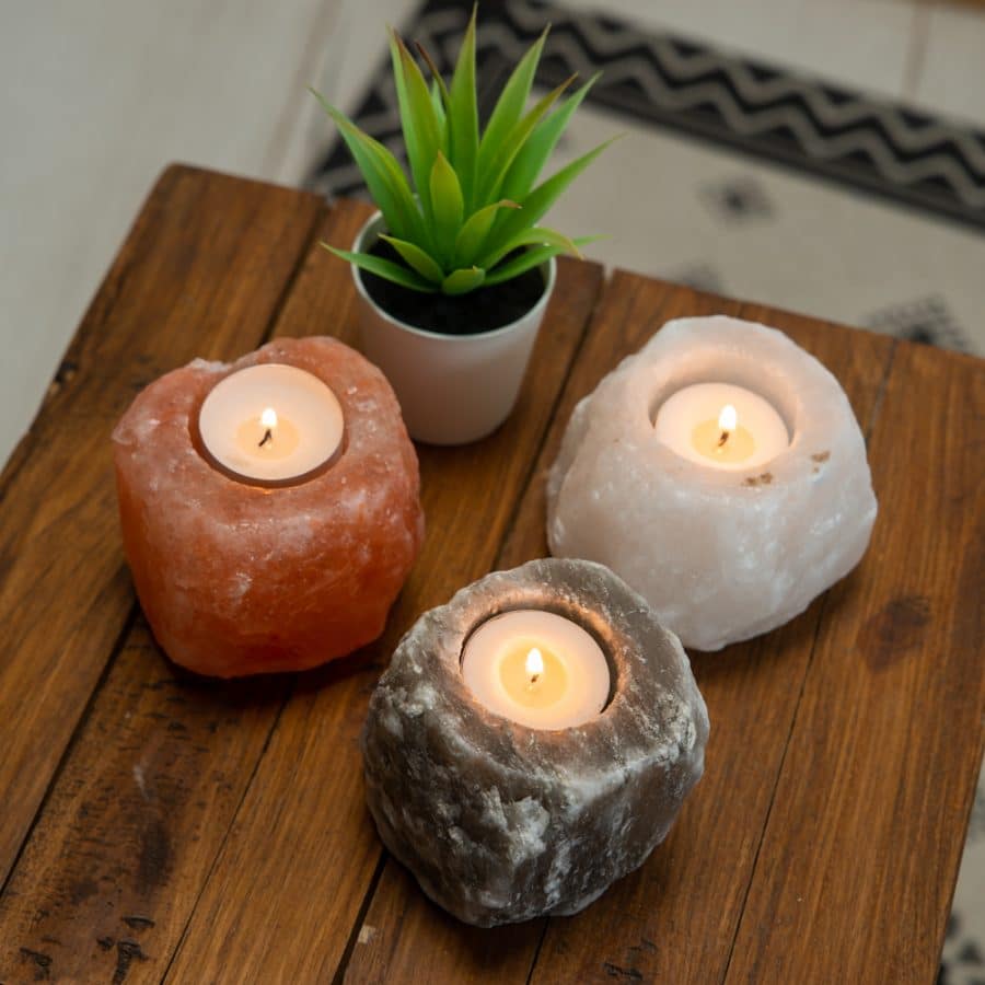 Zoutsteen Waxinelichthouder set van 3 (400-700 gram) – Oranje, Wit, Grijs – 9 x 9 x 10 cm