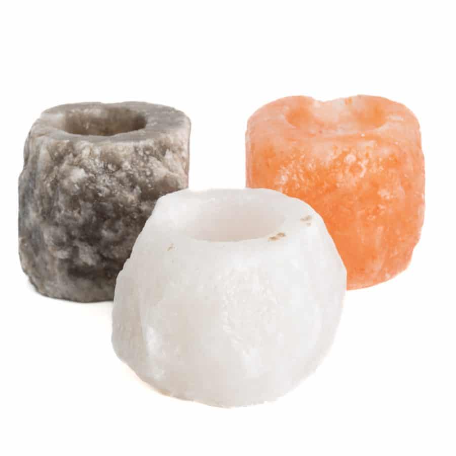 Zoutsteen Waxinelichthouder set van 3 (400-700 gram) – Oranje, Wit, Grijs – 9 x 9 x 10 cm