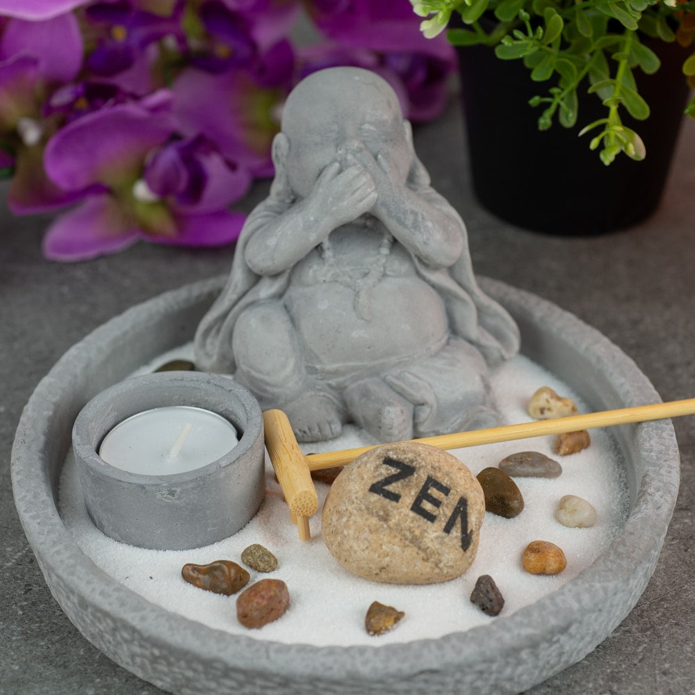 Mini Zen Tuin Japans Rond met Lachende Boeddha (8 cm)