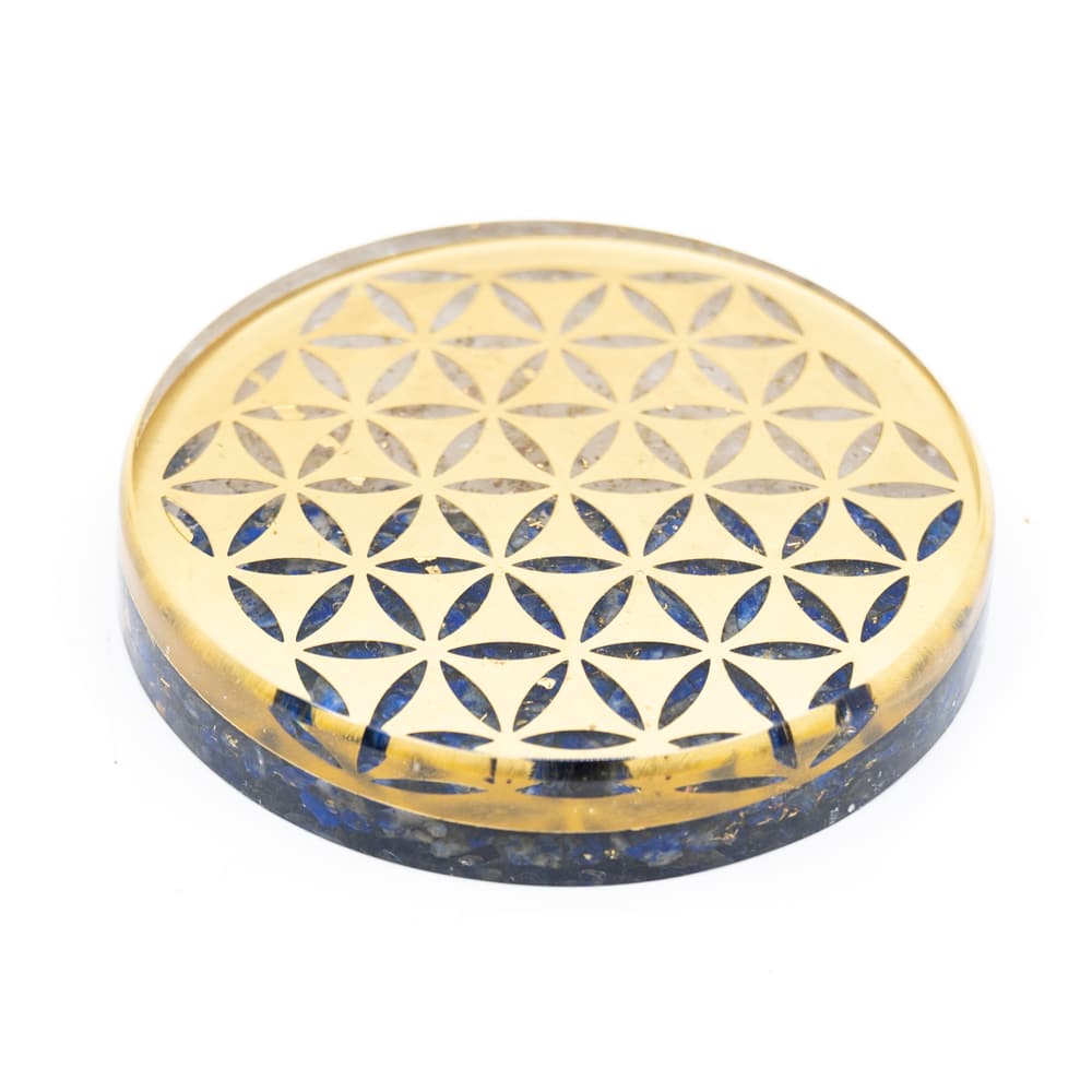 Orgoniet Schijf Onderzetter Flower of Life – Seleniet en Lapis Lazuli (80 mm)