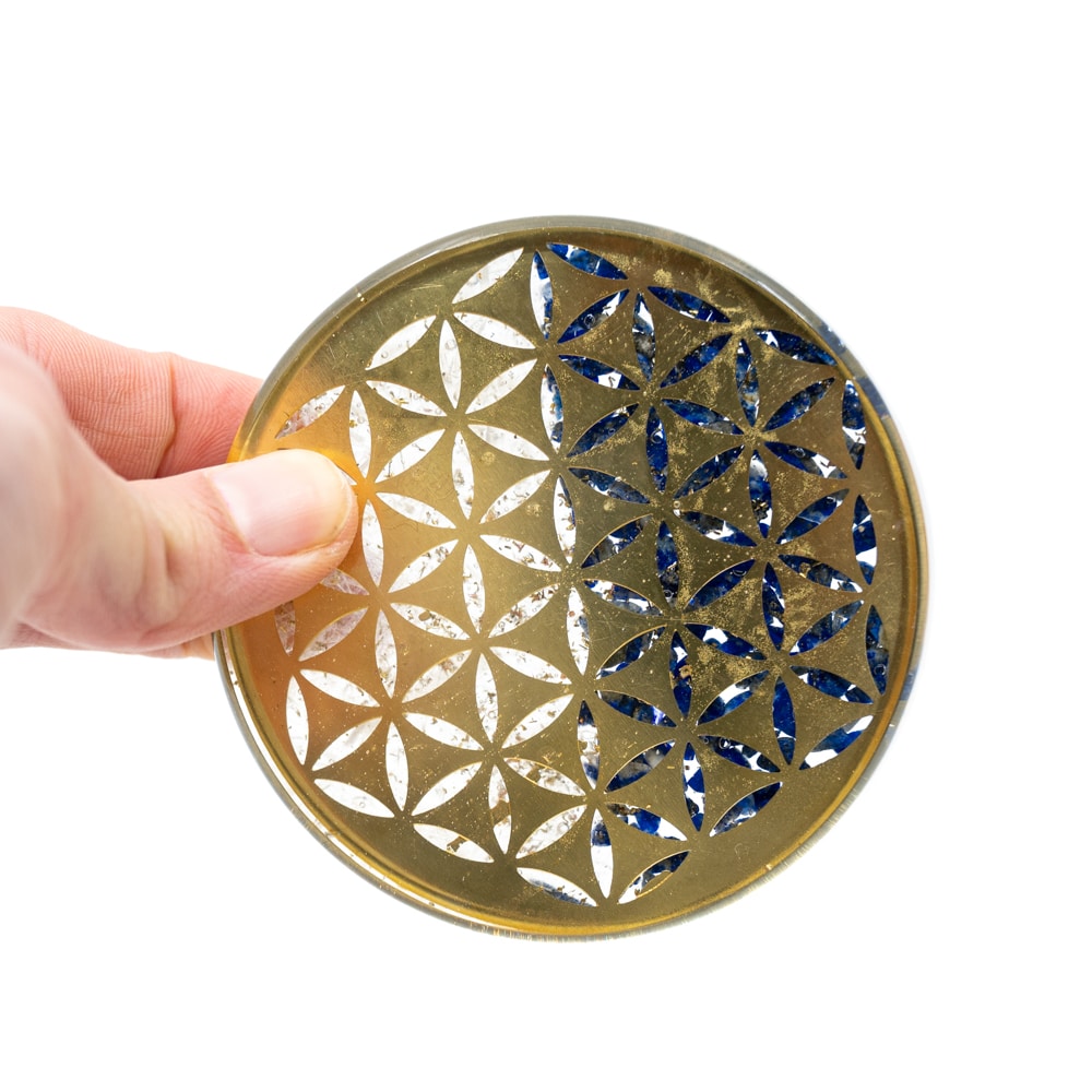 Orgoniet Schijf Onderzetter Flower of Life – Seleniet en Lapis Lazuli (80 mm)