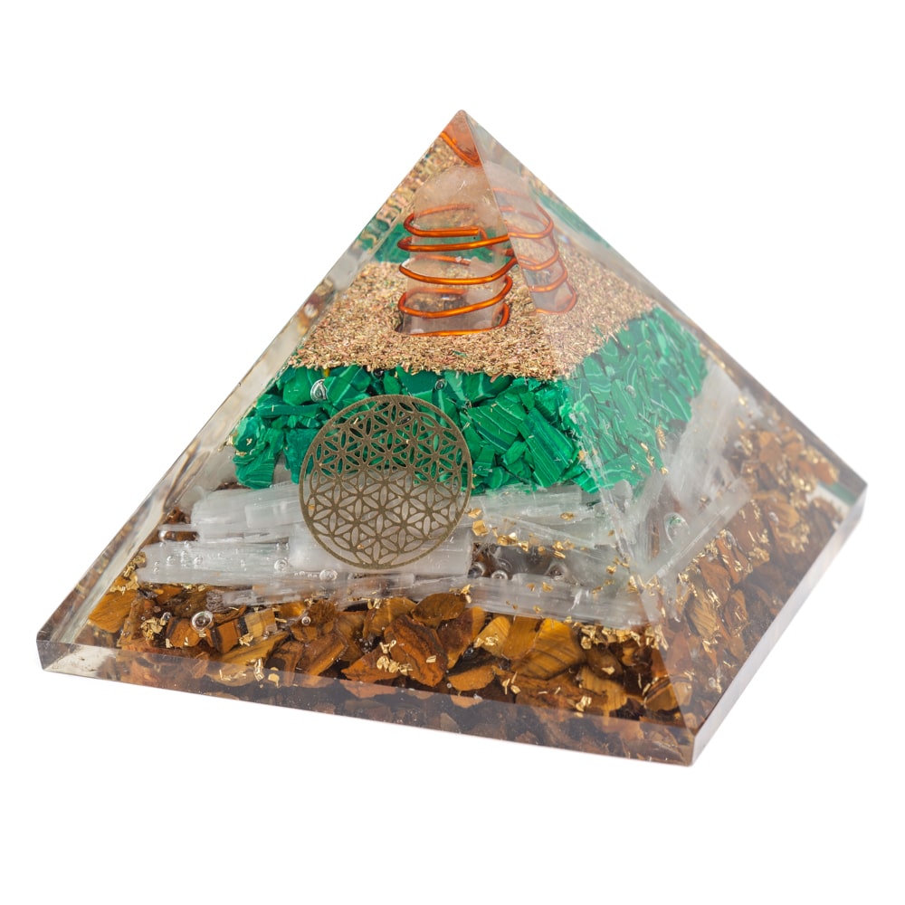 Orgonite Piramide Malachiet Seleniet & Tijgeroog – Flower of Life (70 mm)