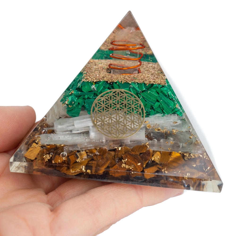Orgonite Piramide Malachiet Seleniet & Tijgeroog – Flower of Life (70 mm)