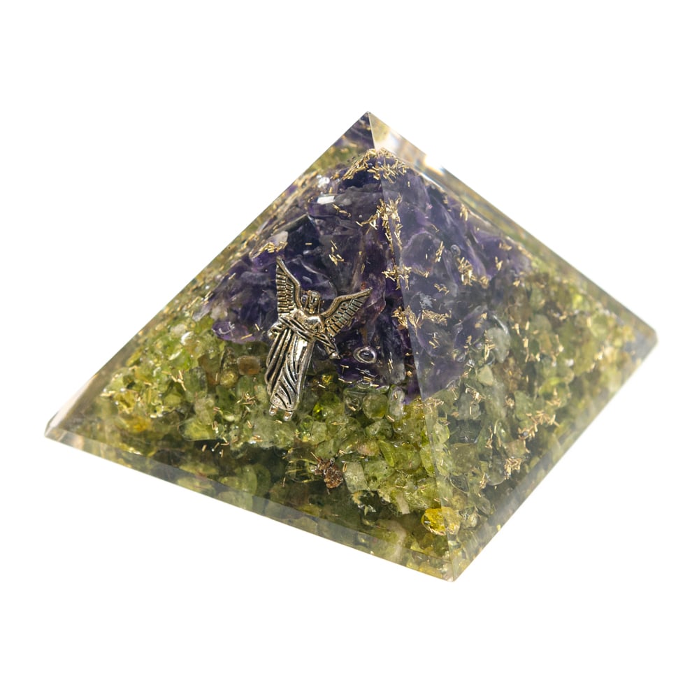 Orgonite Piramide Peridoot/ Amethist – Engel Raphael – (70 mm)