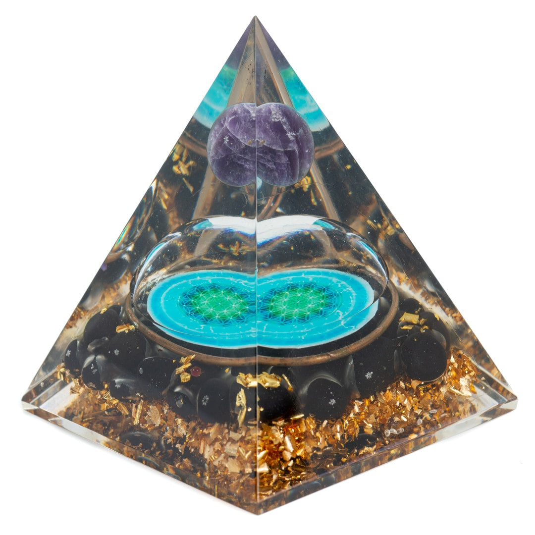 Orgonite Piramide Zwarte Toermalijn Flower Of Life en Amethist Bol (70 mm)