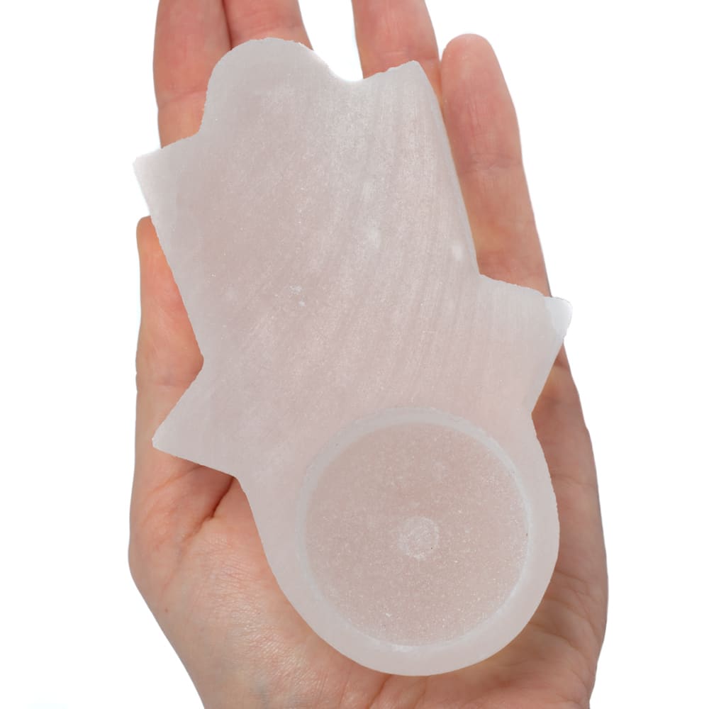 Waxinelichthouder Edelsteen Seleniet Hamsa Hand ca 350 gram